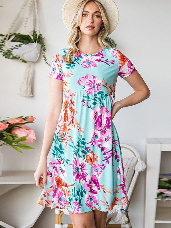 Floral Print Loose Dress with Round Neck and High Waist Skirt