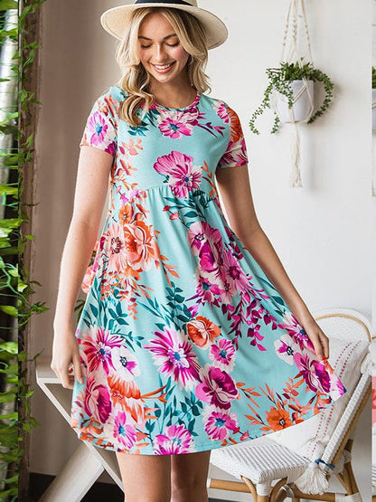 Floral Print Loose Dress with Round Neck and High Waist Skirt