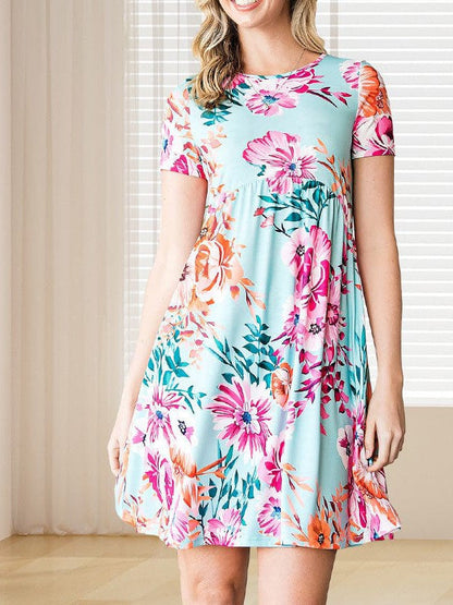 Floral Print Loose Dress with Round Neck and High Waist Skirt