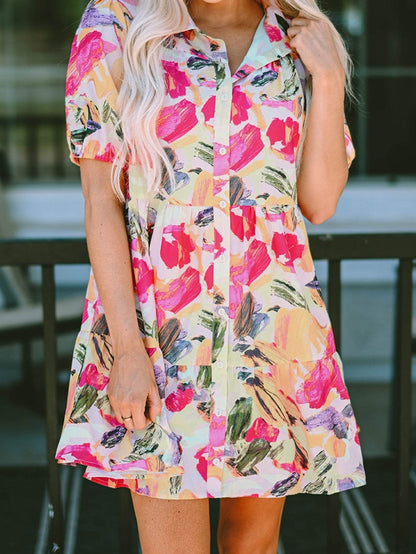 Floral Print Multicolor Short Sleeve Shirt Dress with Southern Belle Style