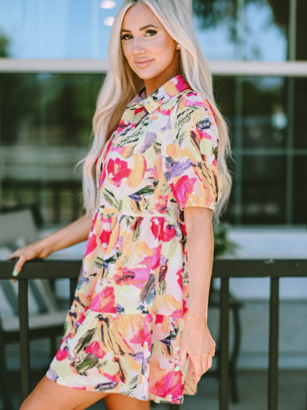 Floral Print Multicolor Short Sleeve Shirt Dress with Southern Belle Style