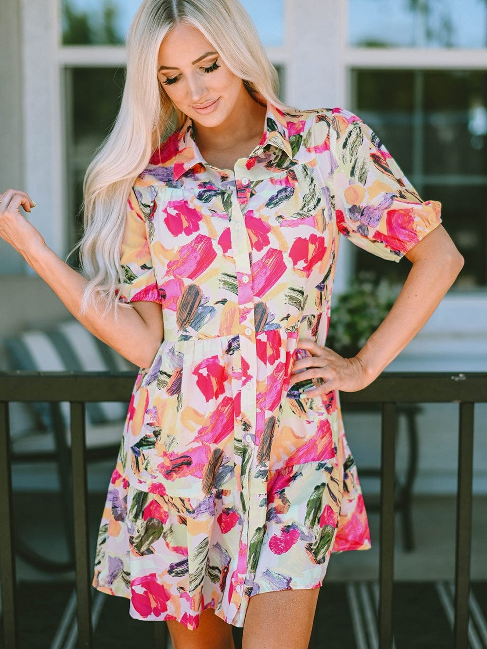 Floral Print Multicolor Short Sleeve Shirt Dress with Southern Belle Style