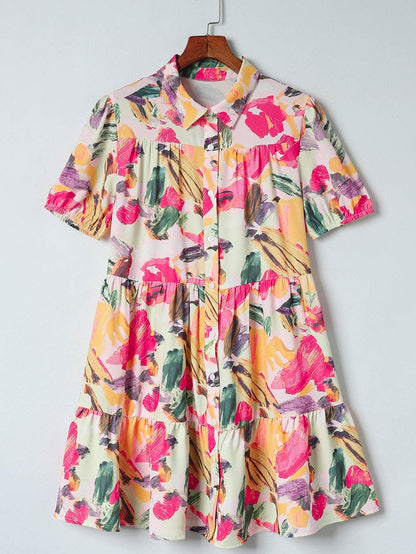 Floral Print Multicolor Short Sleeve Shirt Dress with Southern Belle Style