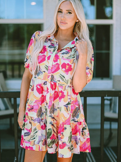 Floral Print Multicolor Short Sleeve Shirt Dress with Southern Belle Style