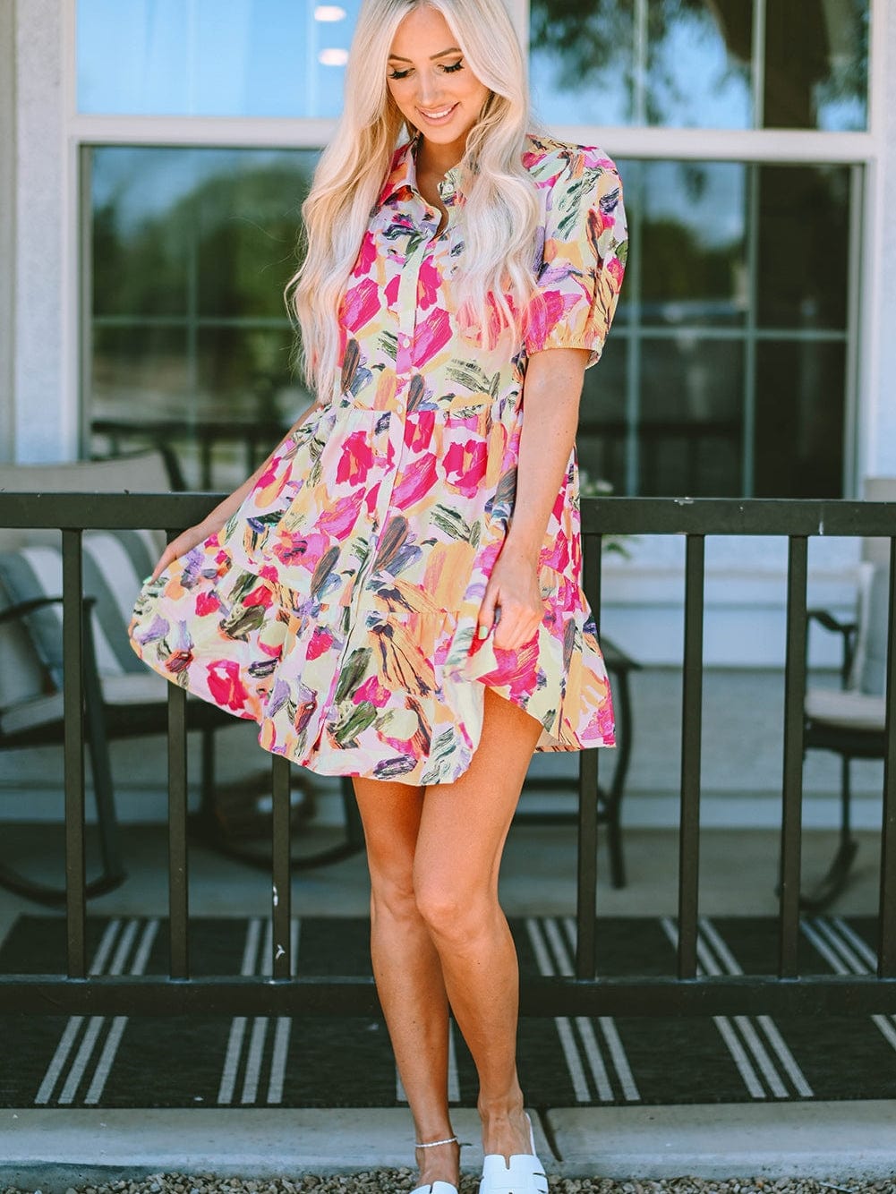 Floral Print Multicolor Short Sleeve Shirt Dress with Southern Belle Style