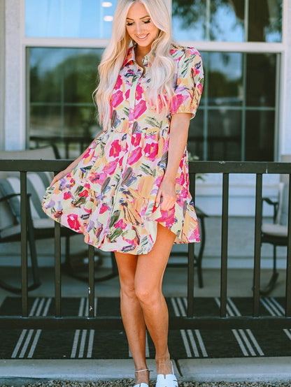 Floral Print Multicolor Short Sleeve Shirt Dress with Southern Belle Style