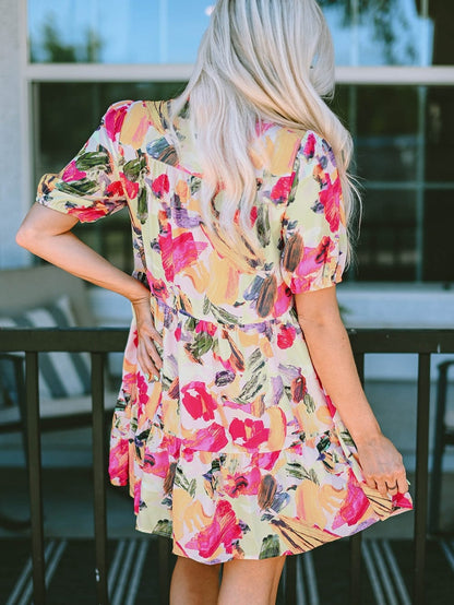Floral Print Multicolor Short Sleeve Shirt Dress with Southern Belle Style