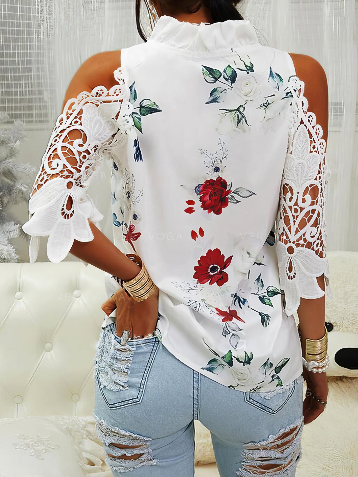 Blouses - Floral Print Off-Shoulder Lace Stitching Long Sleeves Blouses - MsDressly