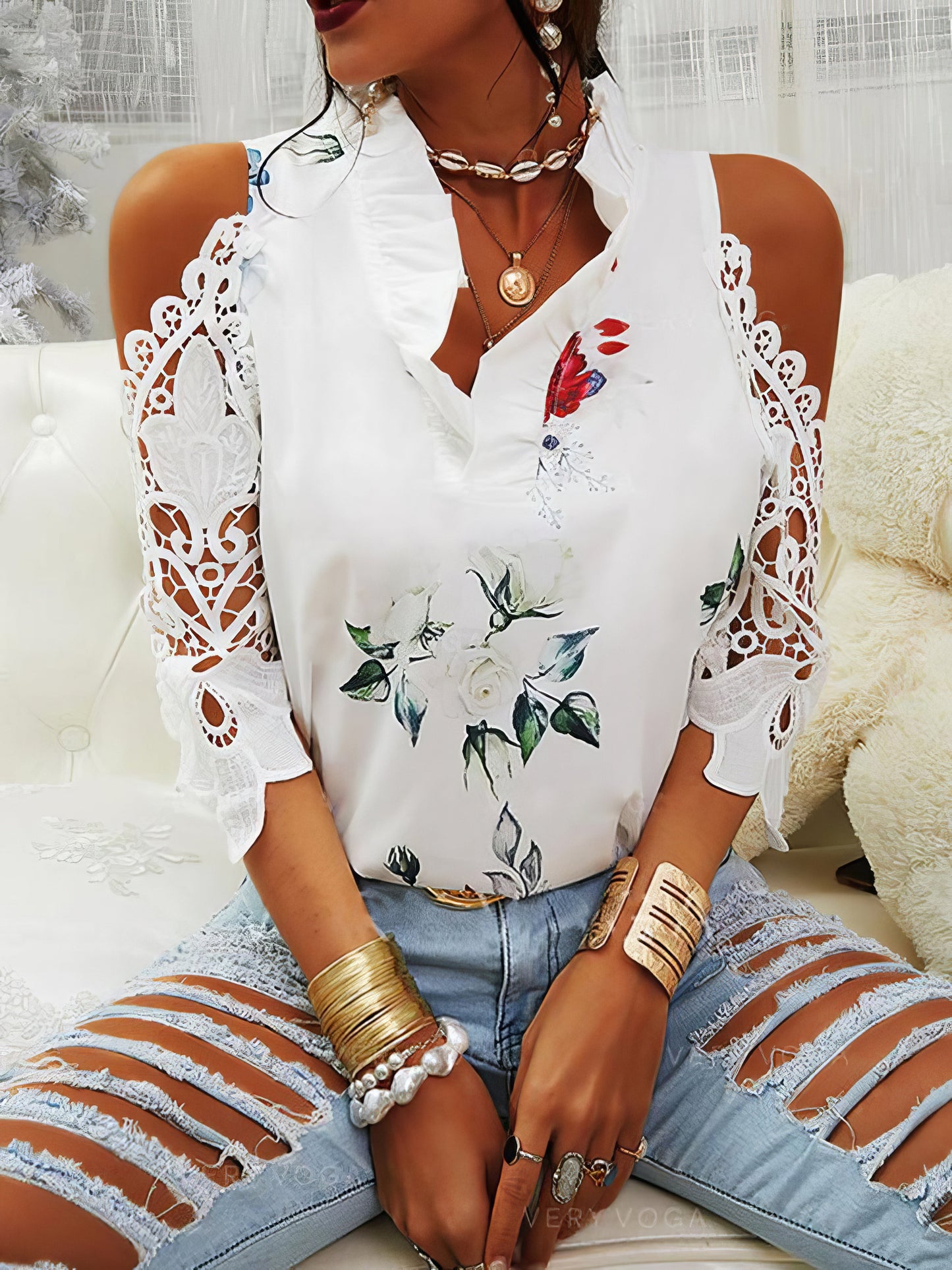 Blouses - Floral Print Off-Shoulder Lace Stitching Long Sleeves Blouses - MsDressly