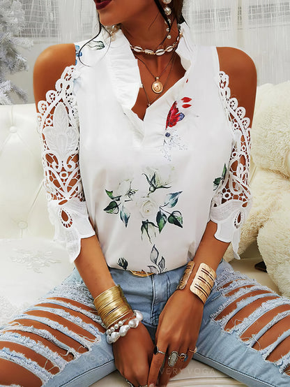 Blouses - Floral Print Off-Shoulder Lace Stitching Long Sleeves Blouses - MsDressly