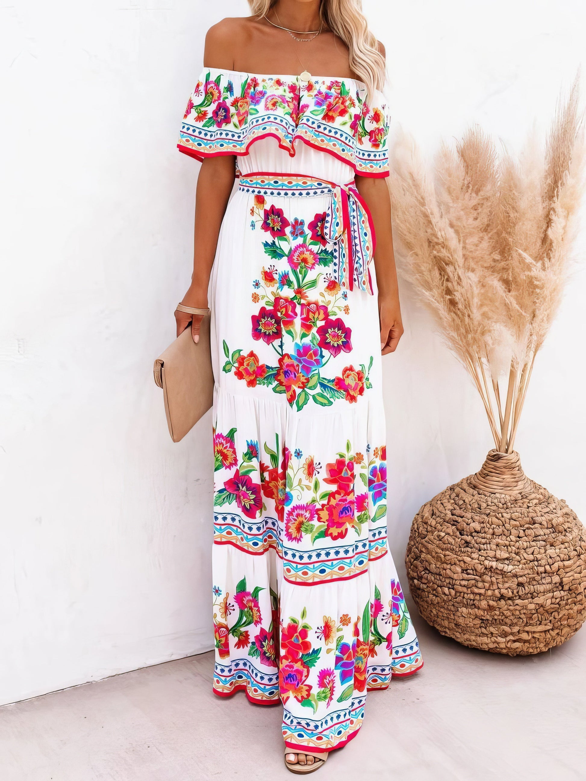 Maxi Dresses - Floral Print One-shoulder Mopping Dress - MsDressly