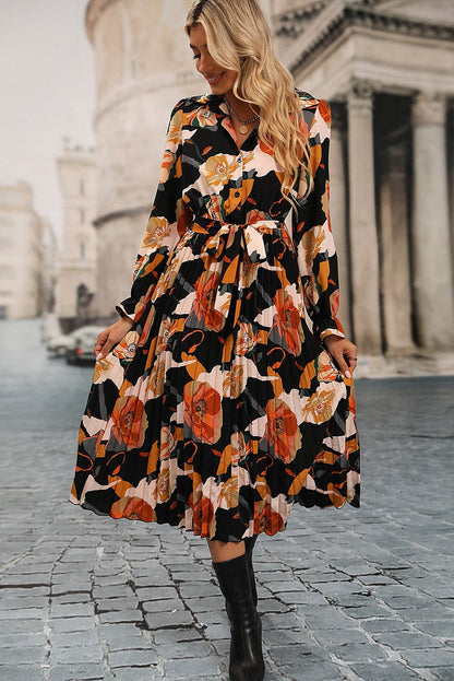 Floral Print Pleated Midi Shirt Dress with Waist Tie