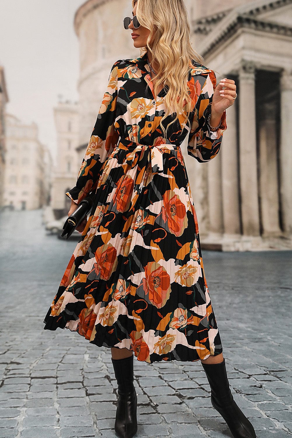 Floral Print Pleated Midi Shirt Dress with Waist Tie