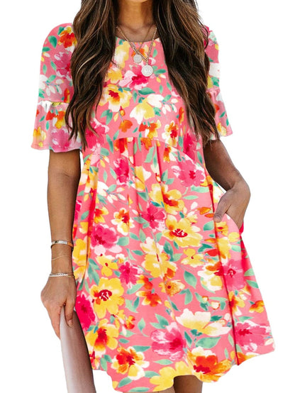Floral Print Ruffle Sleeve Flared Mini Dress with Pockets