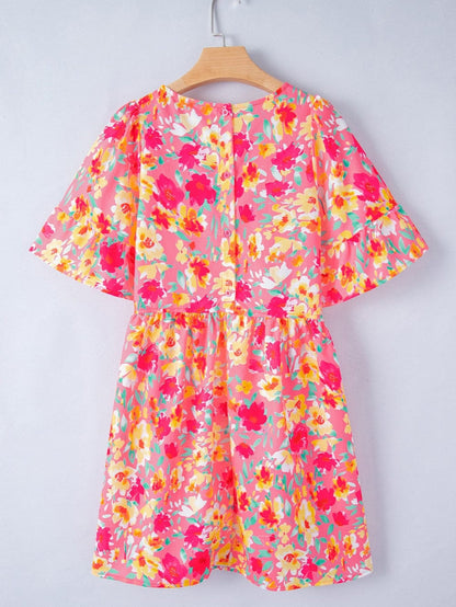 Floral Print Ruffle Sleeve Flared Mini Dress with Pockets