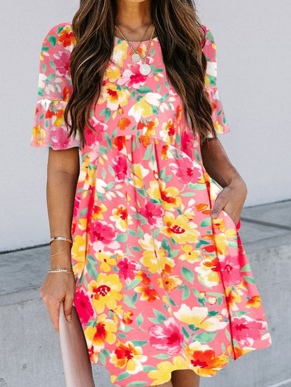 Floral Print Ruffle Sleeve Flared Mini Dress with Pockets