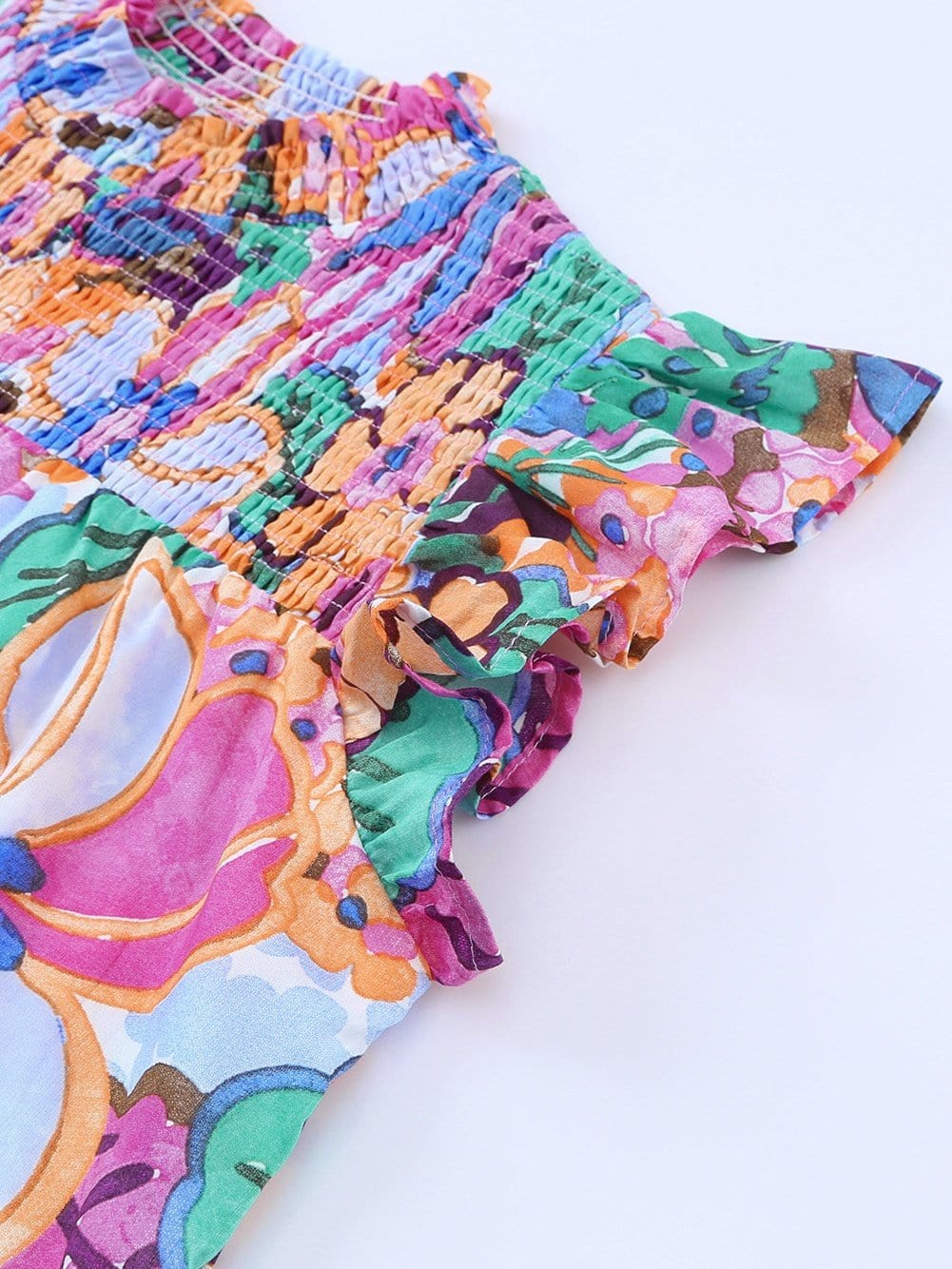 Floral Print Ruffle Sleeve Smocked Neck Blouse in Multicolor