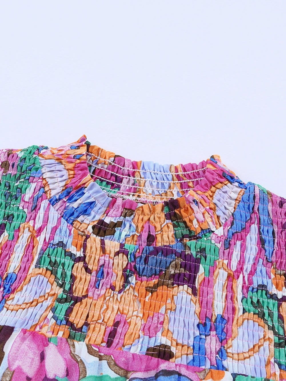 Floral Print Ruffle Sleeve Smocked Neck Blouse in Multicolor