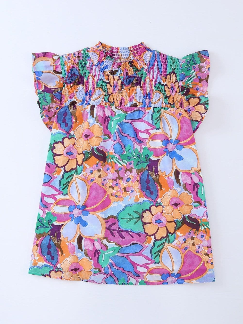 Floral Print Ruffle Sleeve Smocked Neck Blouse in Multicolor