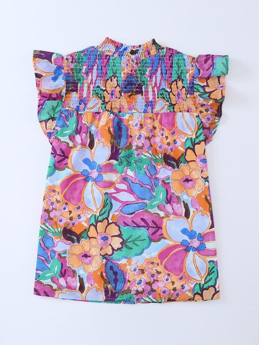 Floral Print Ruffle Sleeve Smocked Neck Blouse in Multicolor