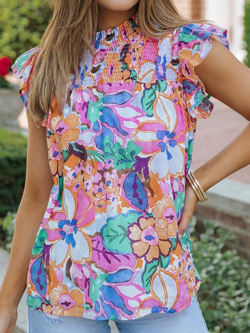 Floral Print Ruffle Sleeve Smocked Neck Blouse in Multicolor