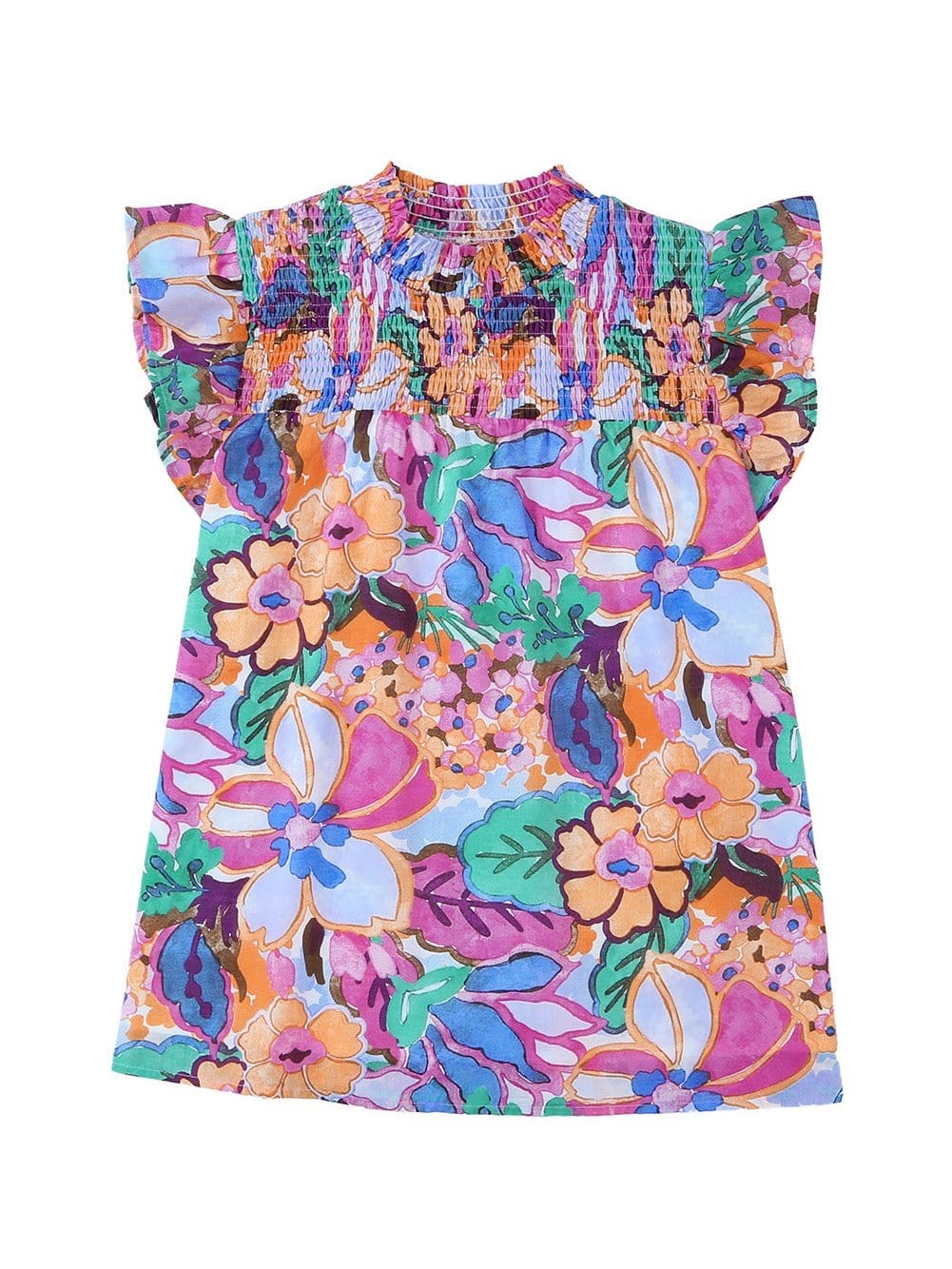 Floral Print Ruffle Sleeve Smocked Neck Blouse in Multicolor