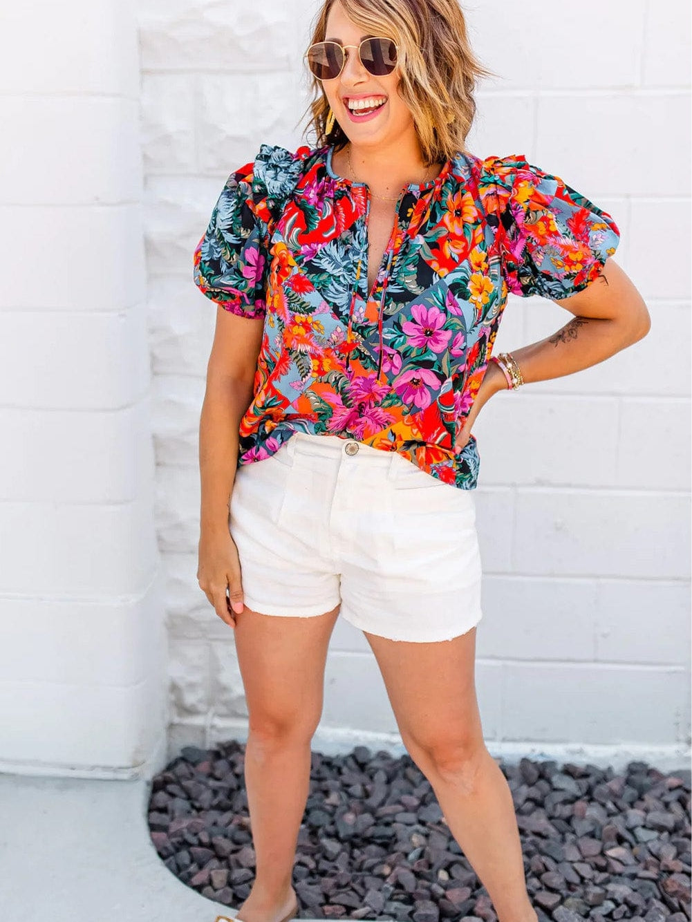 Floral Print Ruffle Trim Bubble Sleeve Blouse with V-Neck