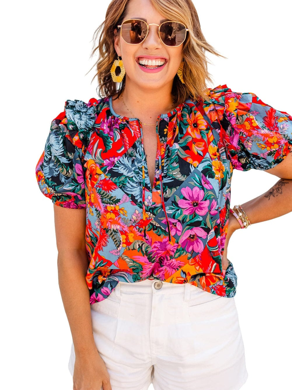 Floral Print Ruffle Trim Bubble Sleeve Blouse with V-Neck