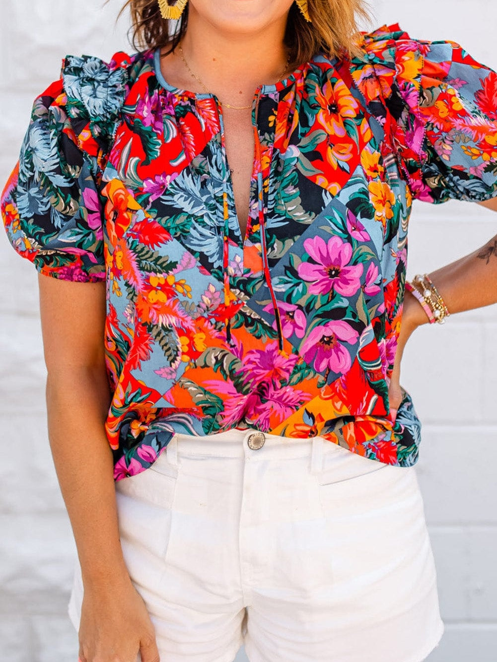 Floral Print Ruffle Trim Bubble Sleeve Blouse with V-Neck