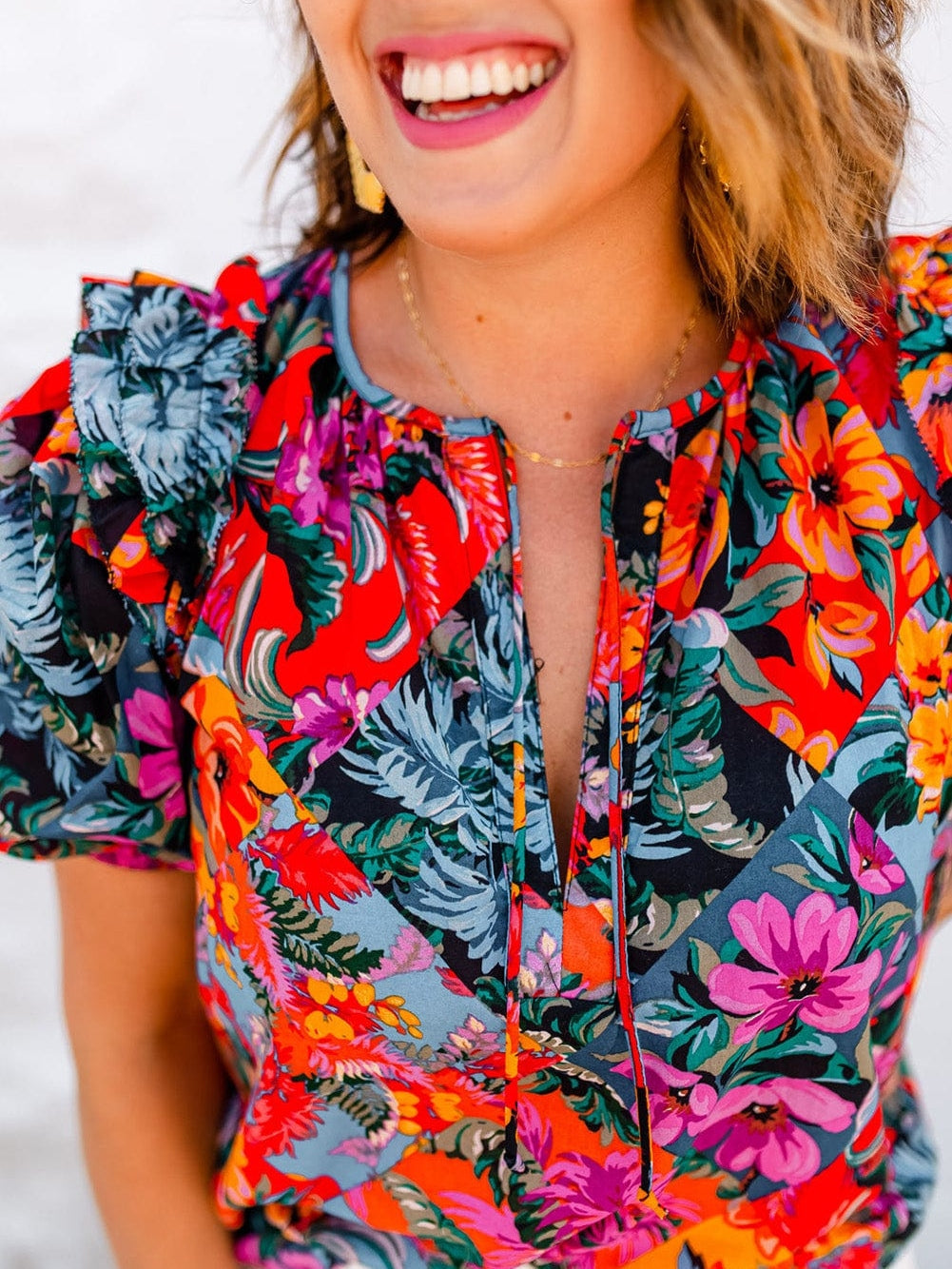 Floral Print Ruffle Trim Bubble Sleeve Blouse with V-Neck