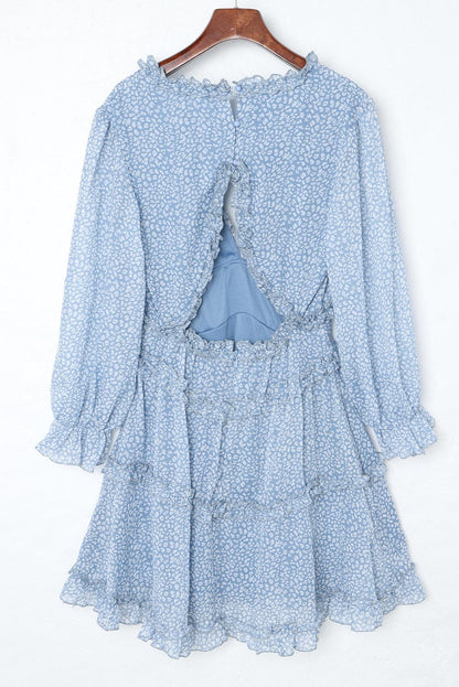 Floral Print Sky Blue Backless Ruffle Dress