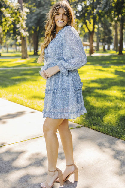 Floral Print Sky Blue Backless Ruffle Dress