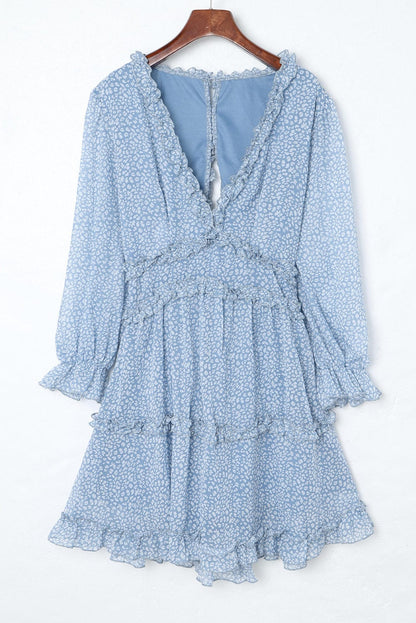 Floral Print Sky Blue Backless Ruffle Dress