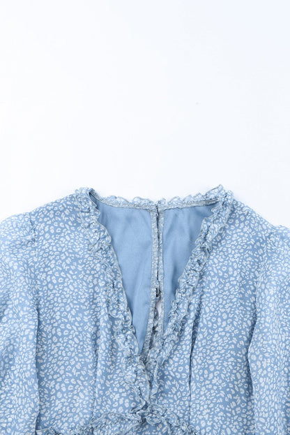 Floral Print Sky Blue Backless Ruffle Dress