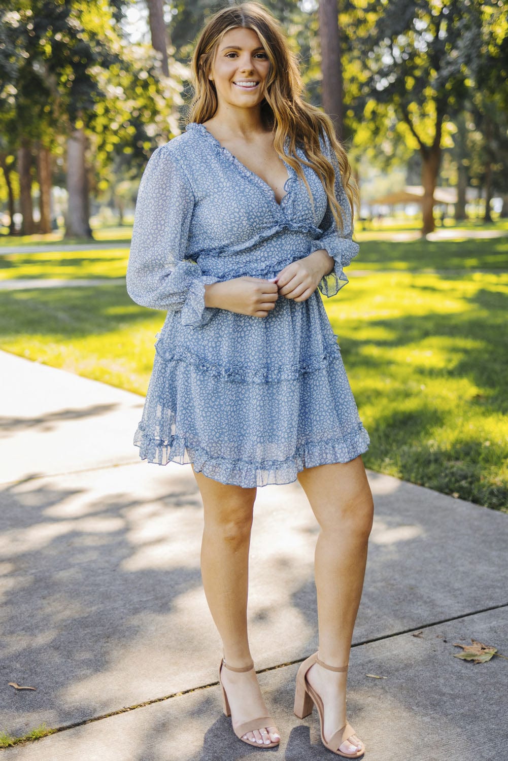 Floral Print Sky Blue Backless Ruffle Dress