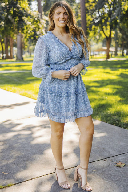 Floral Print Sky Blue Backless Ruffle Dress