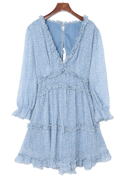 Floral Print Sky Blue Backless Ruffle Dress