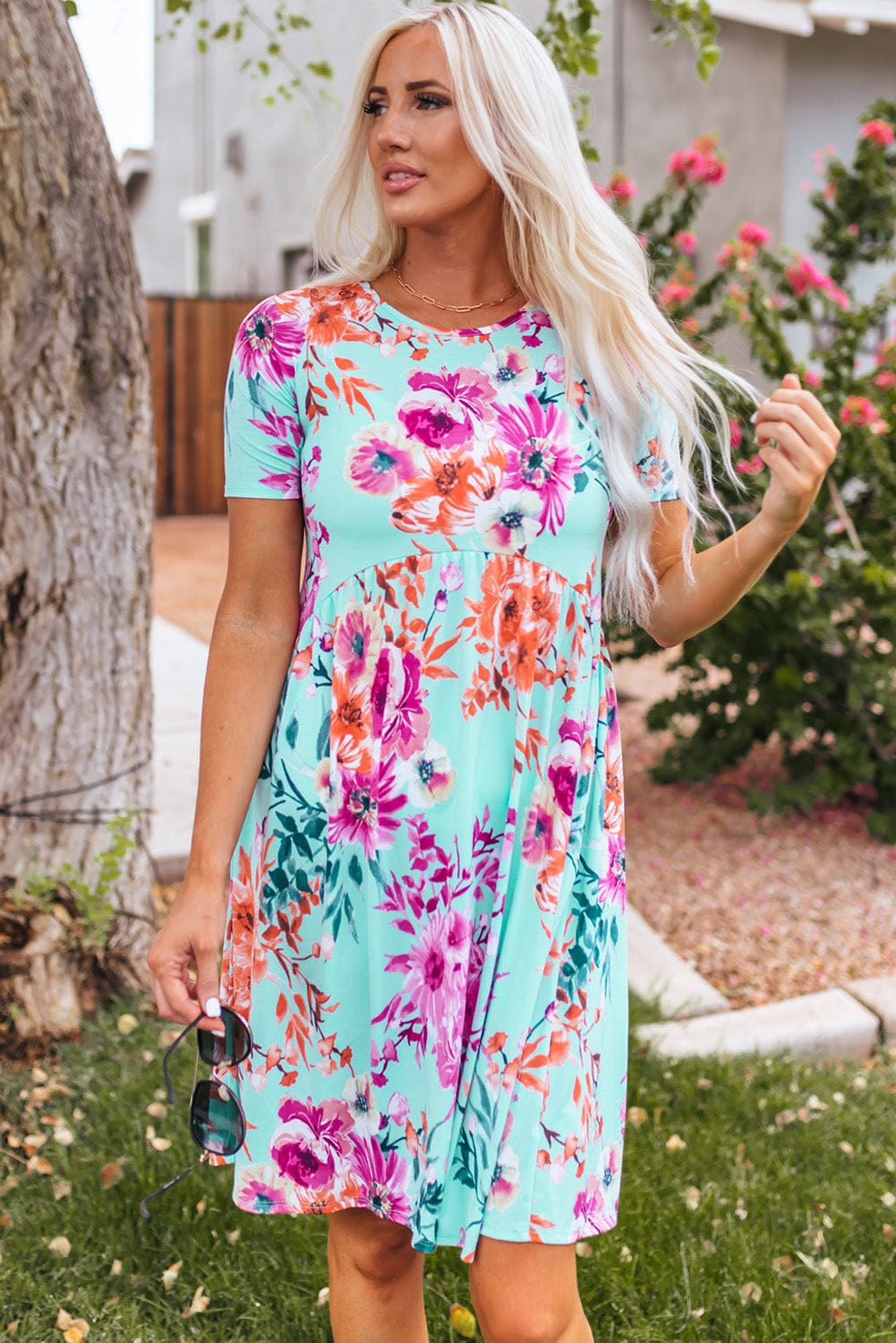 Floral Print Sky Blue T-shirt Dress with High Waist