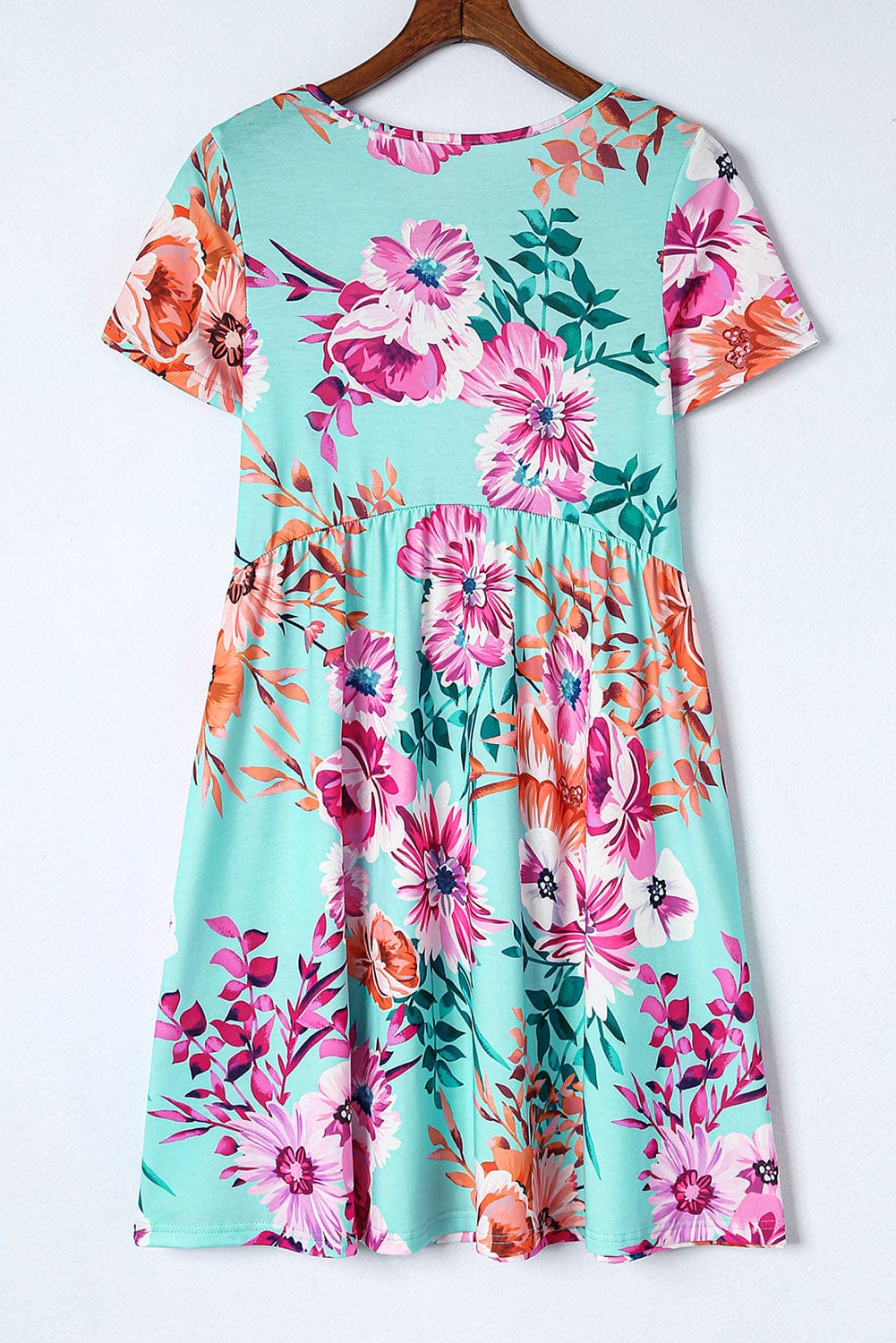 Floral Print Sky Blue T-shirt Dress with High Waist