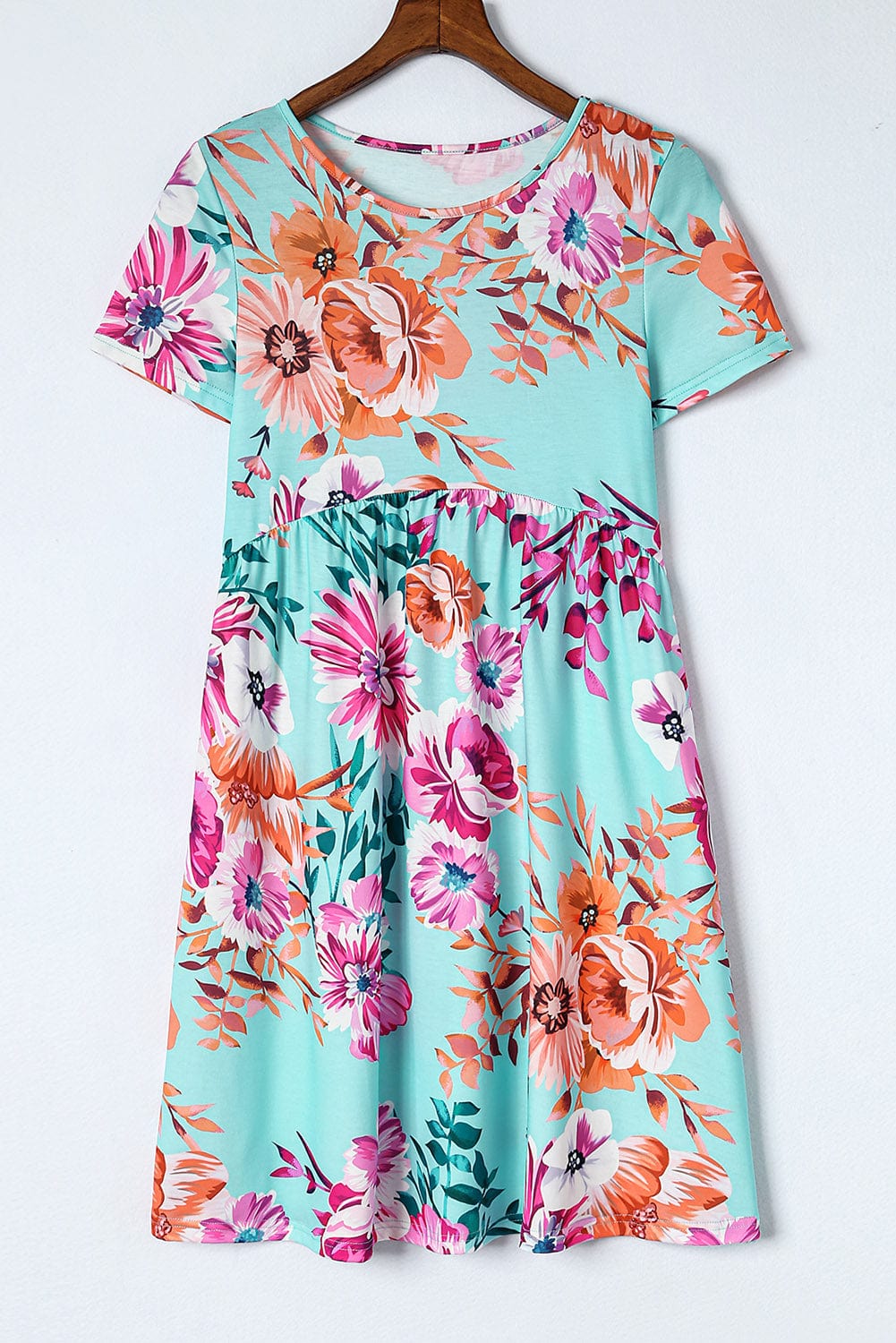 Floral Print Sky Blue T-shirt Dress with High Waist
