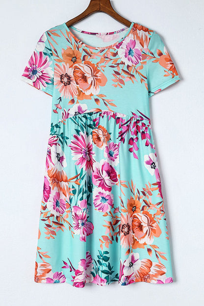 Floral Print Sky Blue T-shirt Dress with High Waist