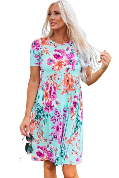 Floral Print Sky Blue T-shirt Dress with High Waist