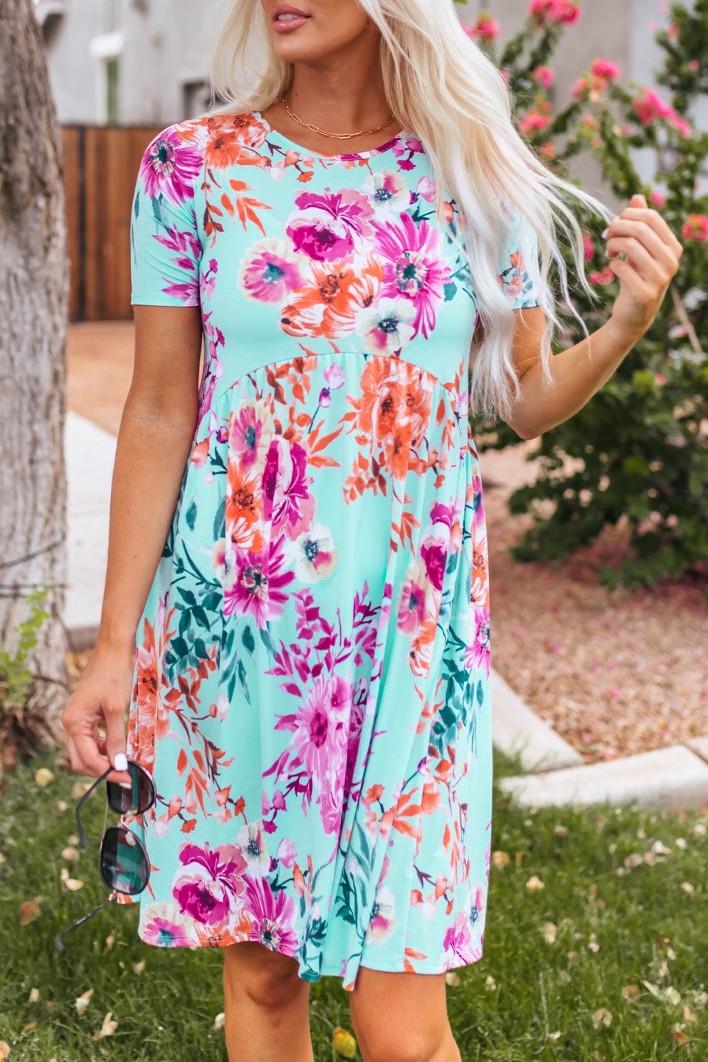 Floral Print Sky Blue T-shirt Dress with High Waist