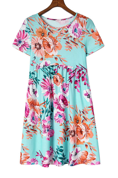 Floral Print Sky Blue T-shirt Dress with High Waist