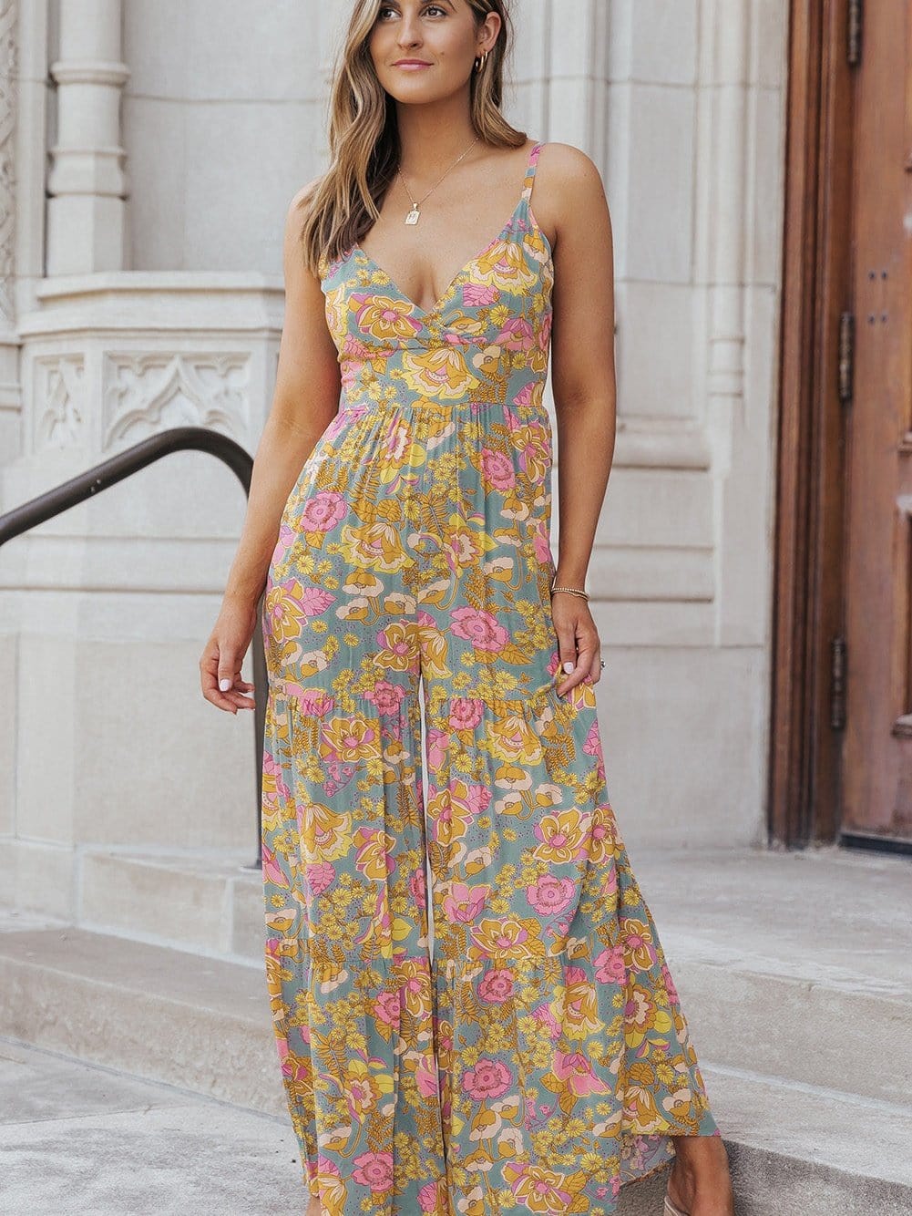 Floral Print Sky Blue Wide Leg Jumpsuit with Adjustable Straps