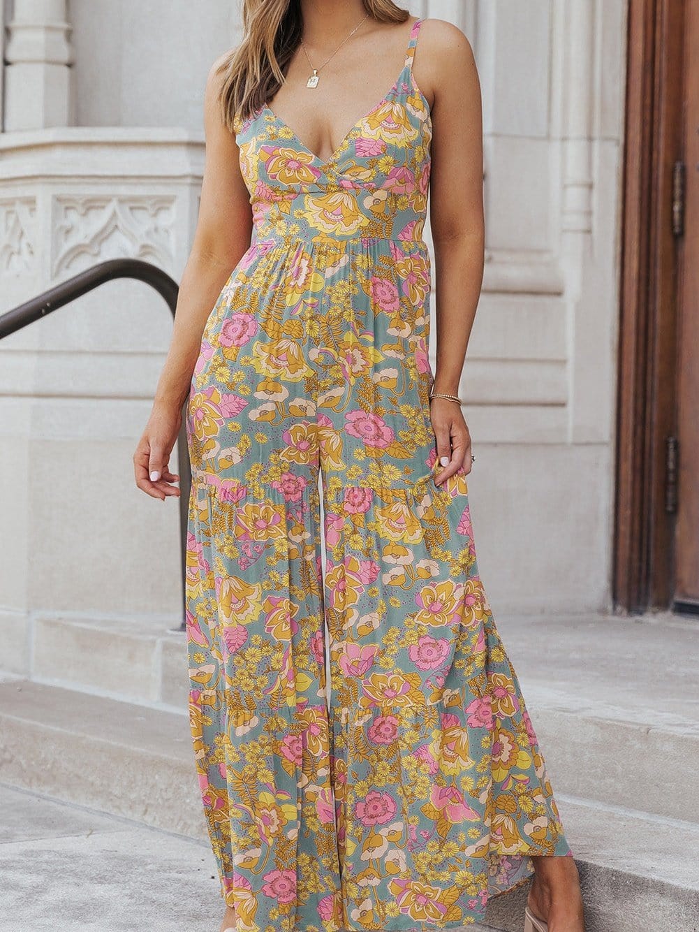 Floral Print Sky Blue Wide Leg Jumpsuit with Adjustable Straps