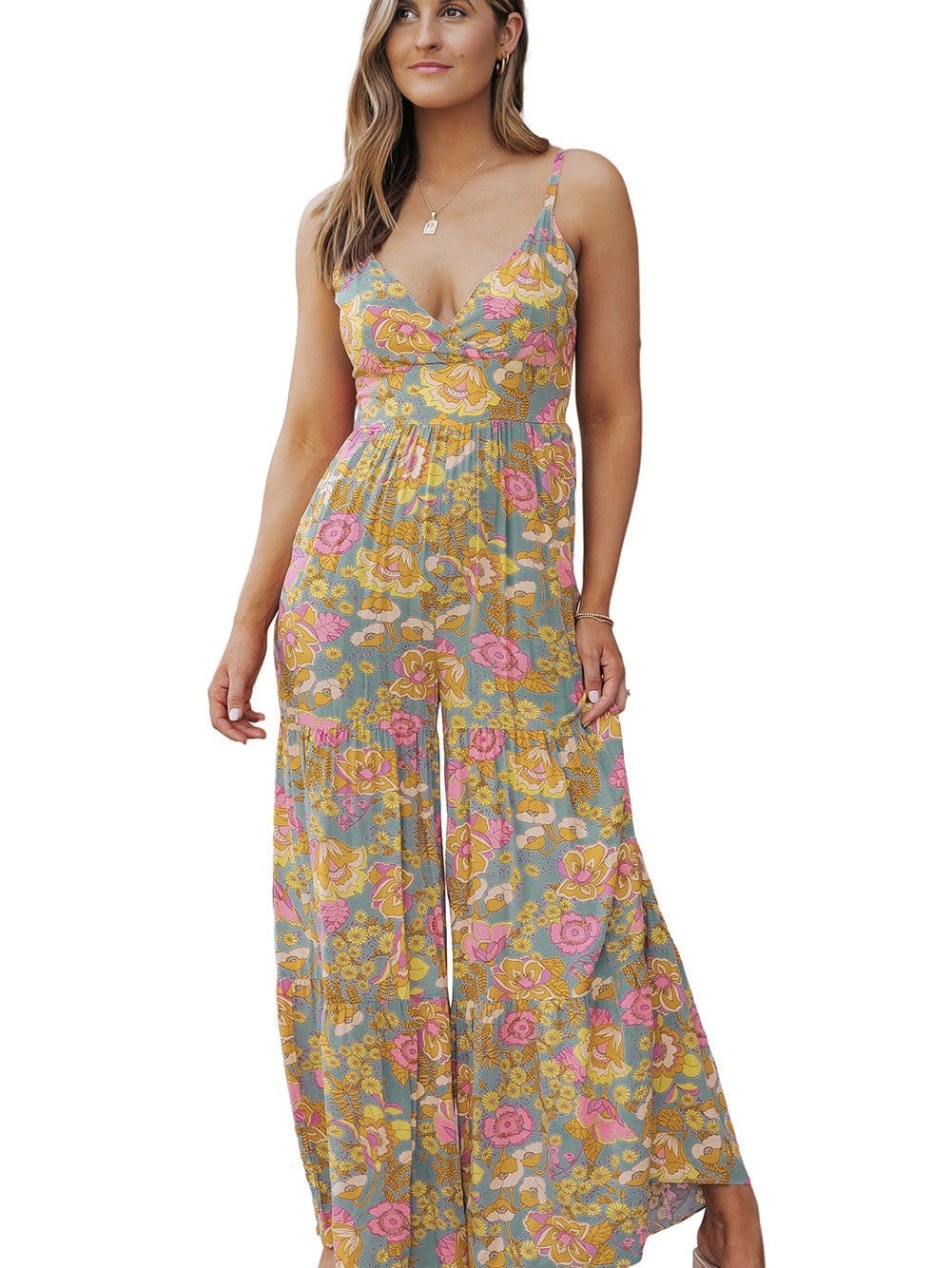 Floral Print Sky Blue Wide Leg Jumpsuit with Adjustable Straps