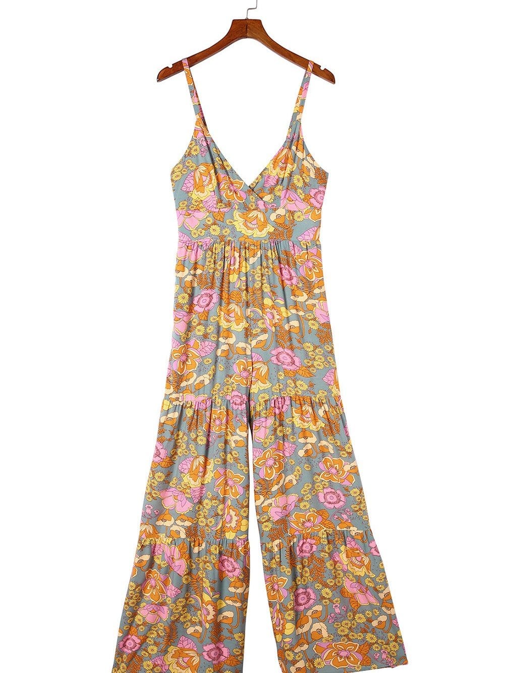 Floral Print Sky Blue Wide Leg Jumpsuit with Adjustable Straps