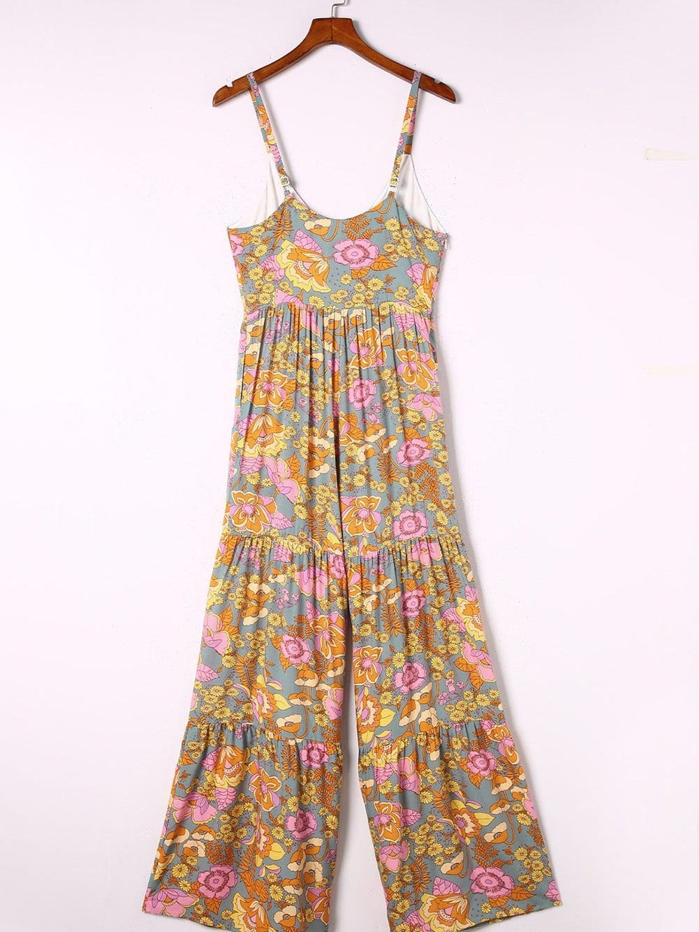 Floral Print Sky Blue Wide Leg Jumpsuit with Adjustable Straps