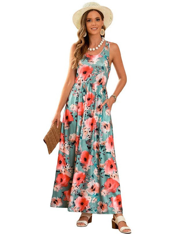 Floral Print Sleeveless U-neck Dress with High Waist